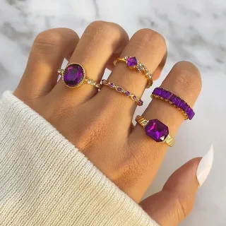 Vintage Purple Crystal Fashion Ring Set (5 pcs)